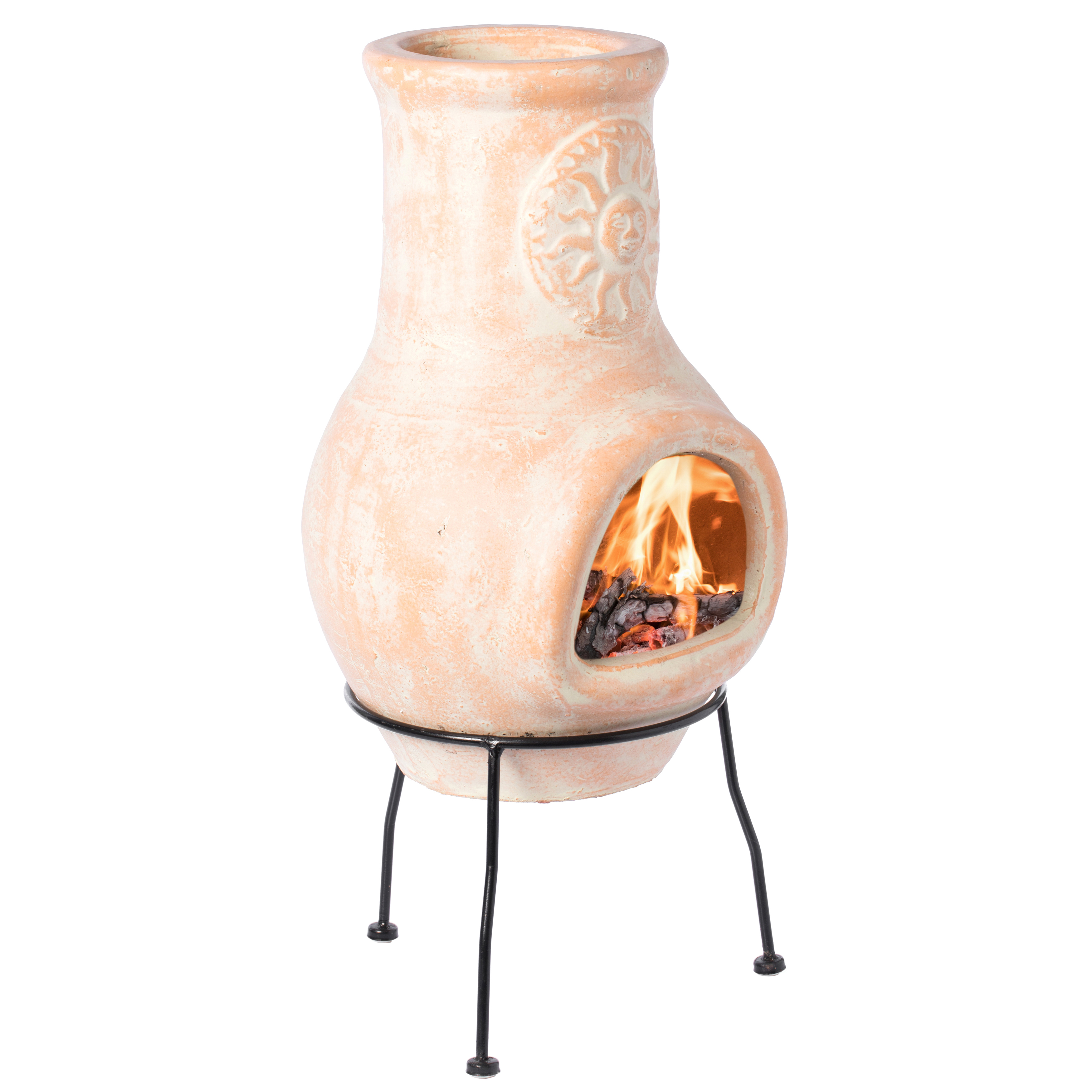 Outdoor Beige Clay Chiminea Outdoor Fireplace Sun Design Charcoal Burning Fire Pit With Sturdy Metal Stand, Barbecue, Cocktail Party