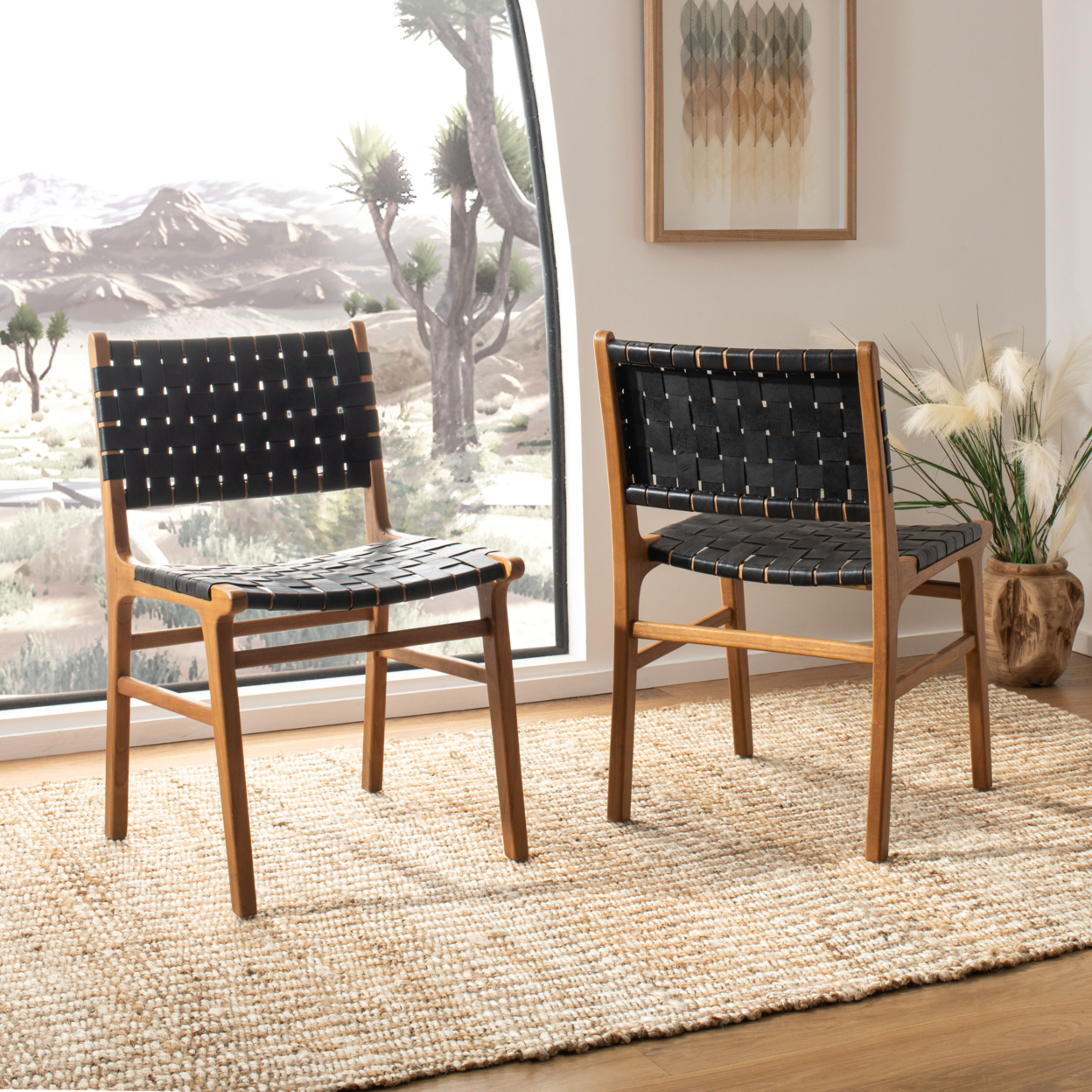SAFAVIEH Taika Woven Leather Dining Chair Set Of 2 Black / Natural