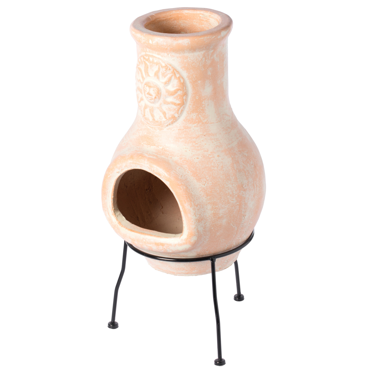 Outdoor Beige Clay Chiminea Outdoor Fireplace Sun Design Charcoal Burning Fire Pit With Sturdy Metal Stand, Barbecue, Cocktail Party