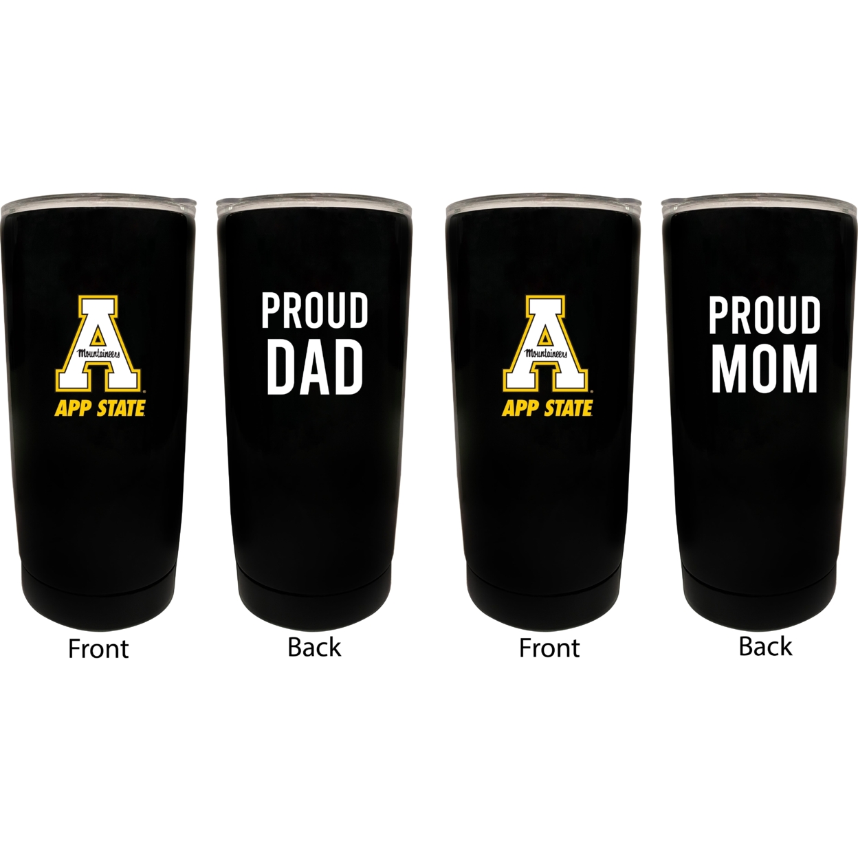 Appalachian State Proud Mom And Dad 16 Oz Insulated Stainless Steel Tumblers 2 Pack Black.