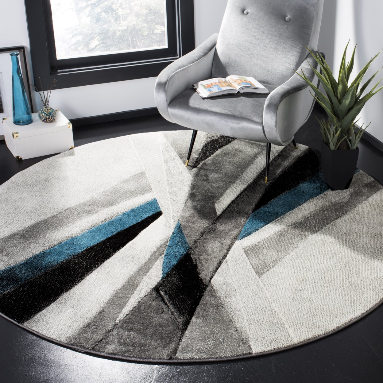 SAFAVIEH Hollywood Collection HLW710D Grey / Teal Rug - 6'-7 X 6'-7 Square