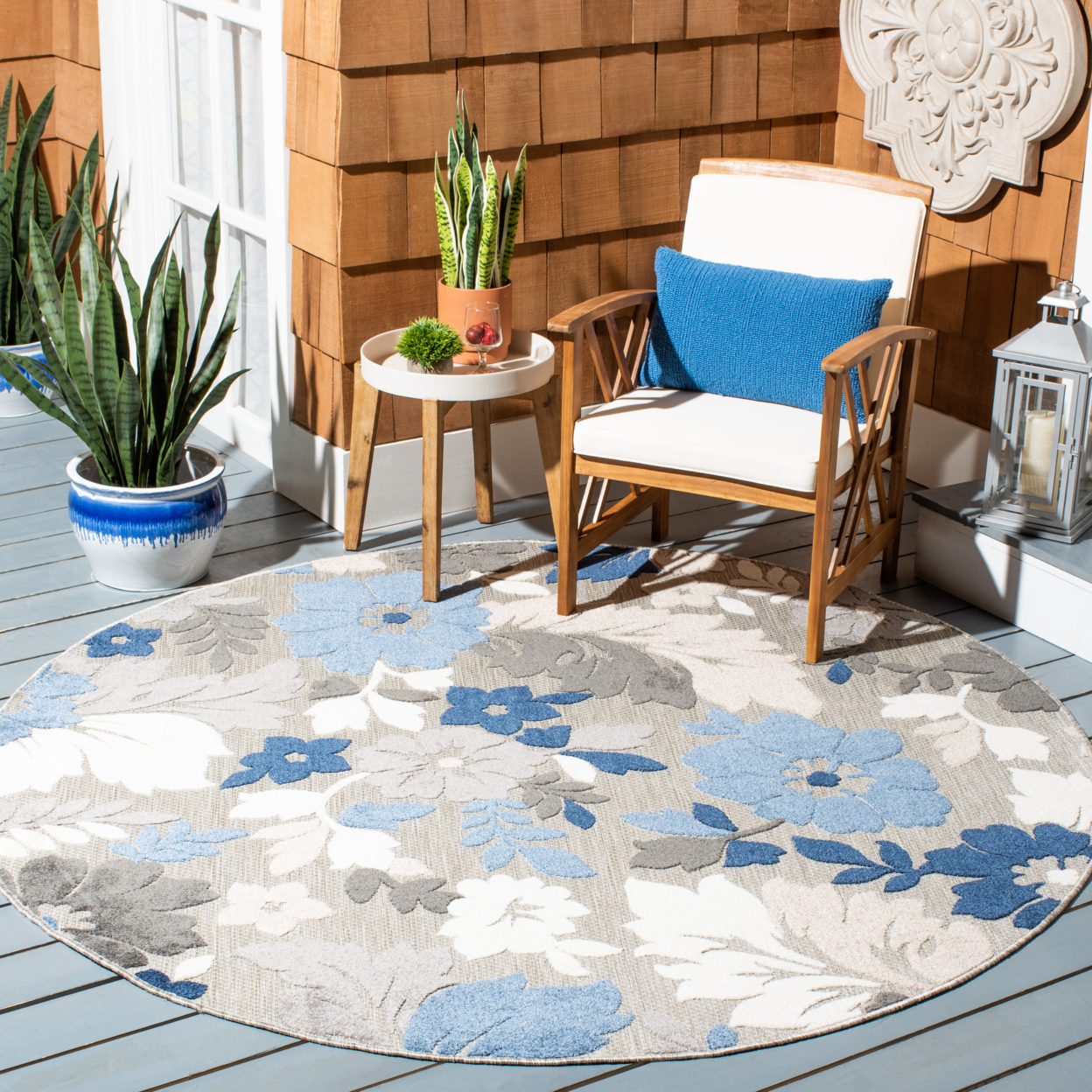 SAFAVIEH Outdoor CBN308F Cabana Collection Grey / Blue Rug - 6' 7 Square