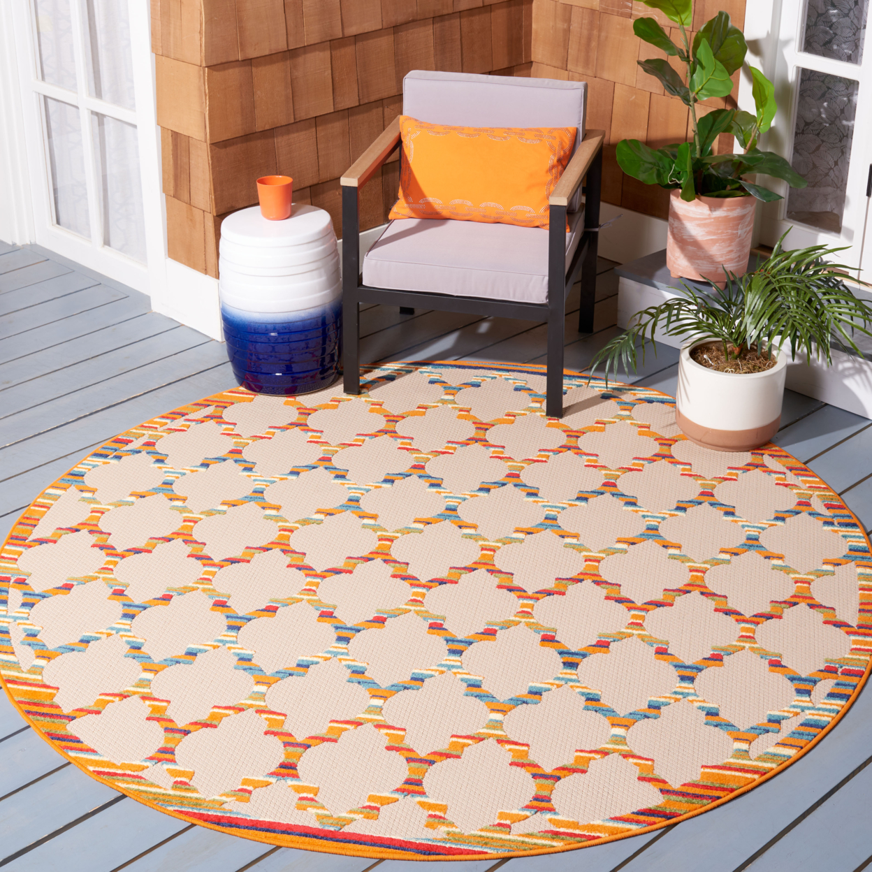 SAFAVIEH Outdoor CBN333A Cabana Collection Ivory / Orange Rug - 6' 7 Square