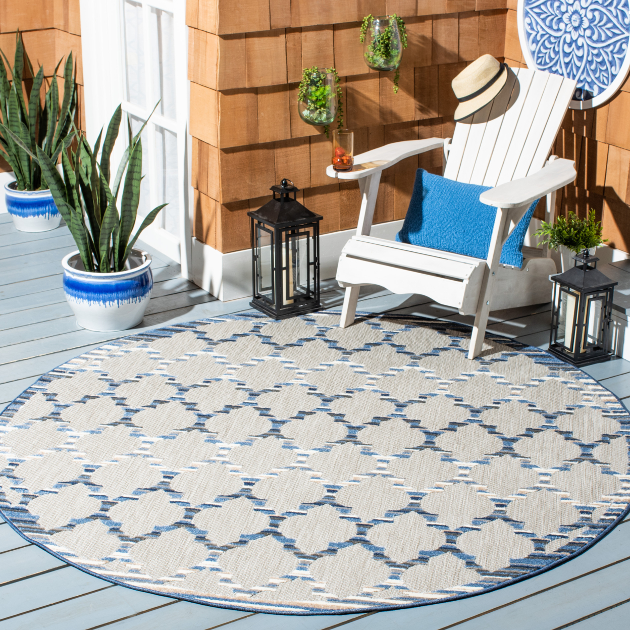 SAFAVIEH Outdoor CBN333G Cabana Collection Grey / Blue Rug - 6' 7 Square