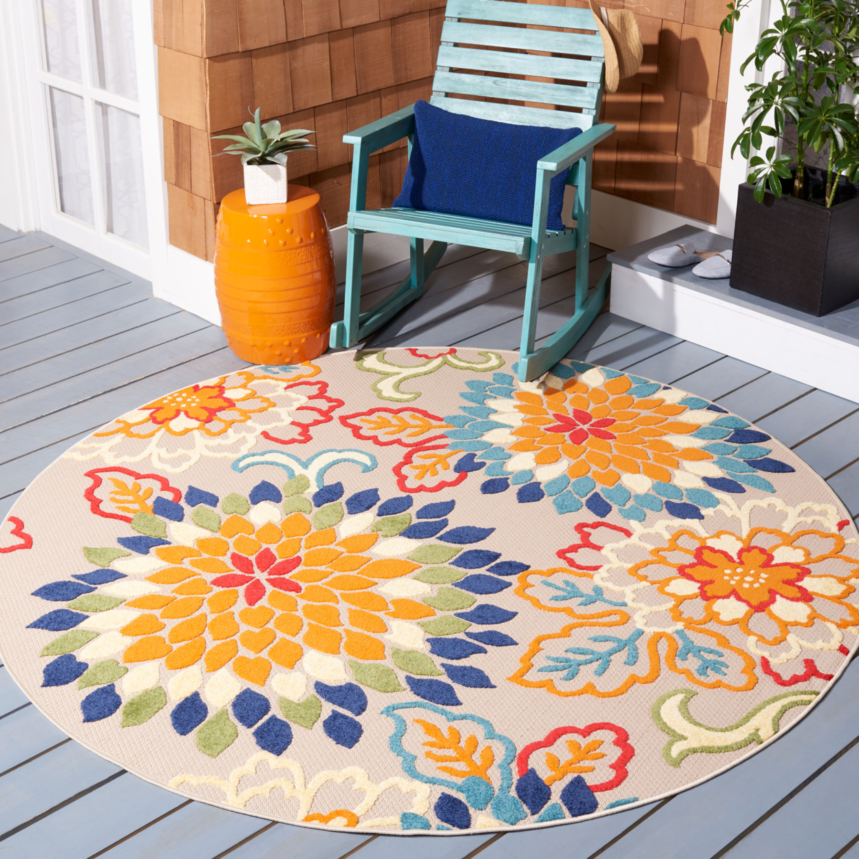 SAFAVIEH Outdoor CBN391A Cabana Collection Ivory / Orange Rug - 5' 3 Square