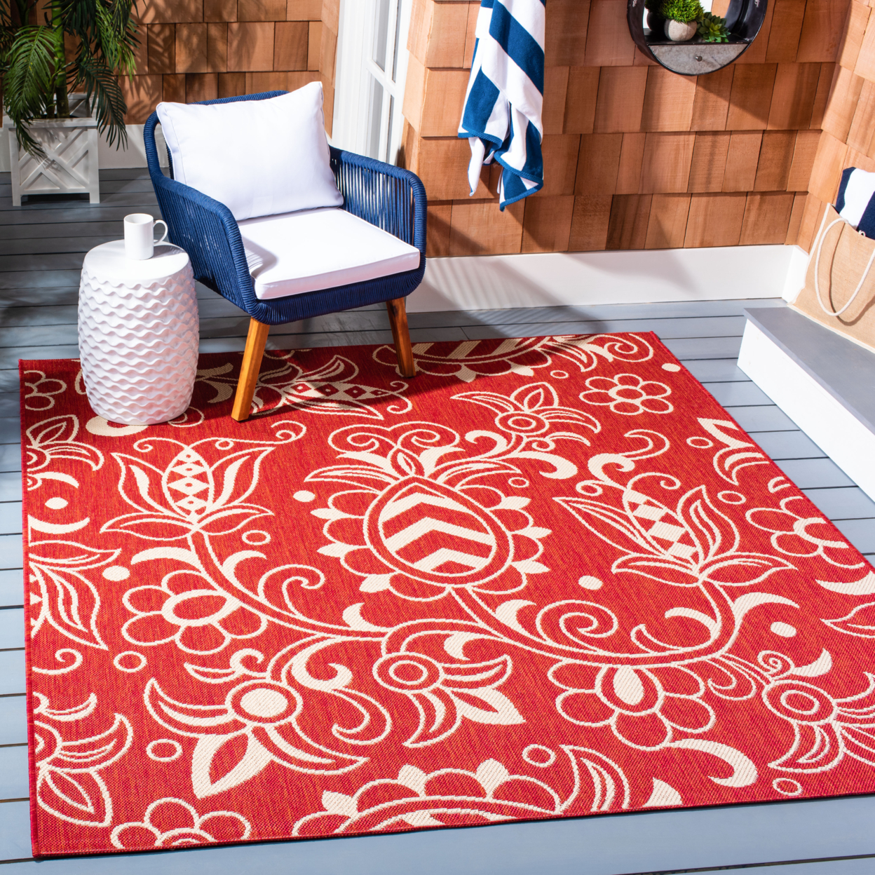 SAFAVIEH Indoor Outdoor BHS246Q Beach House Red / Beige Rug - 6-7 X 6-7 Square