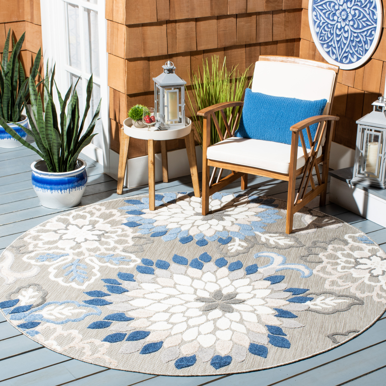 SAFAVIEH Outdoor CBN391F Cabana Collection Grey / Blue Rug - 6' 7 Square
