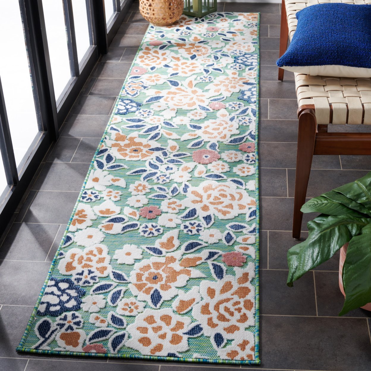 SAFAVIEH Outdoor CBN485N Cabana Collection Green / Navy Rug - 6' 5 X 6' 5 Square