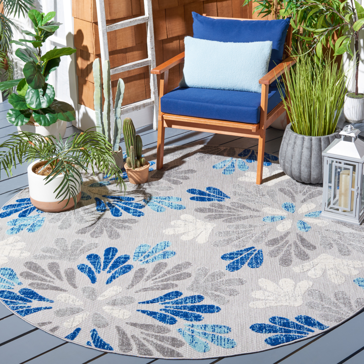 SAFAVIEH Outdoor CBN800F Cabana Collection Grey / Blue Rug - 8' Square