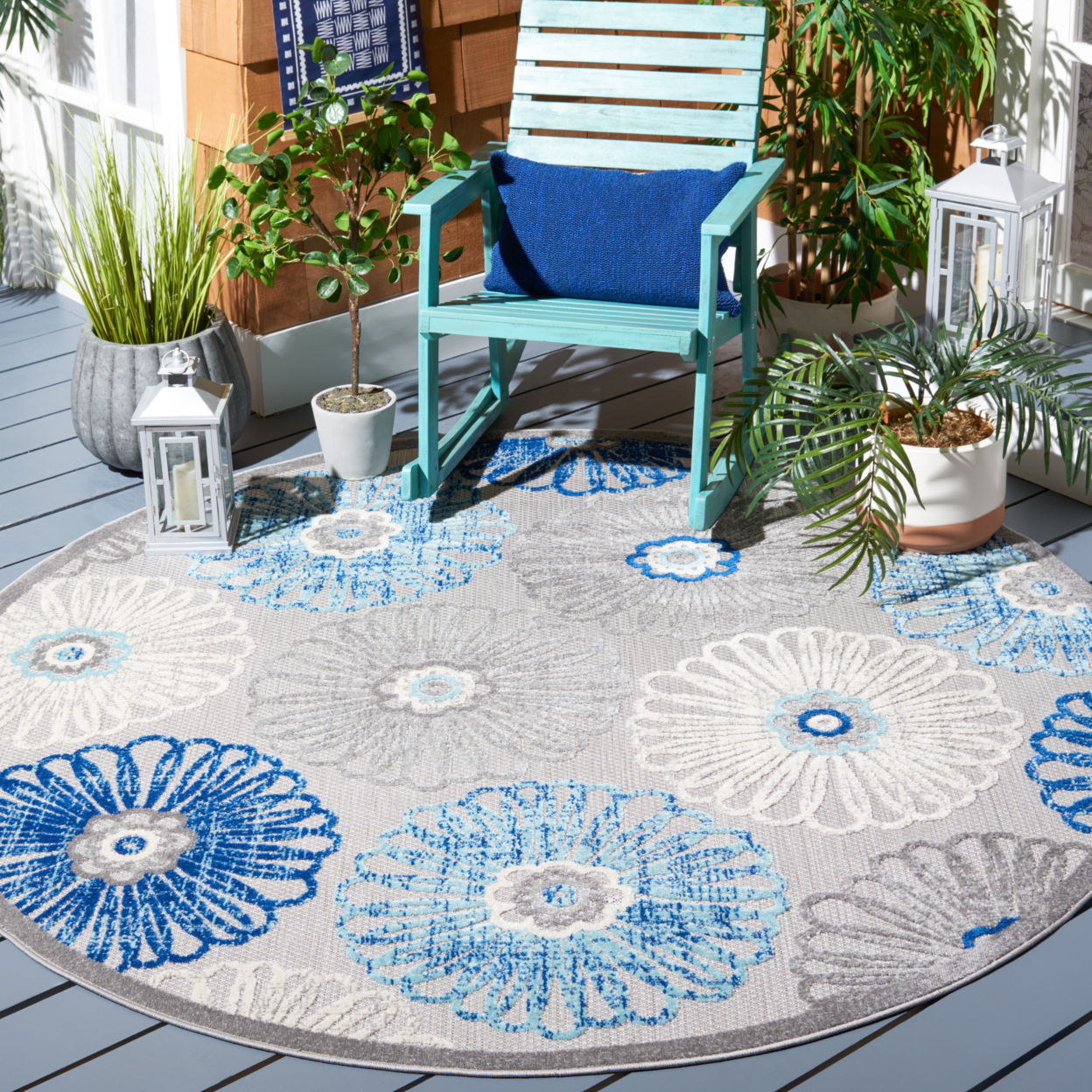 SAFAVIEH Outdoor CBN801F Cabana Collection Grey / Blue Rug - 8' Square