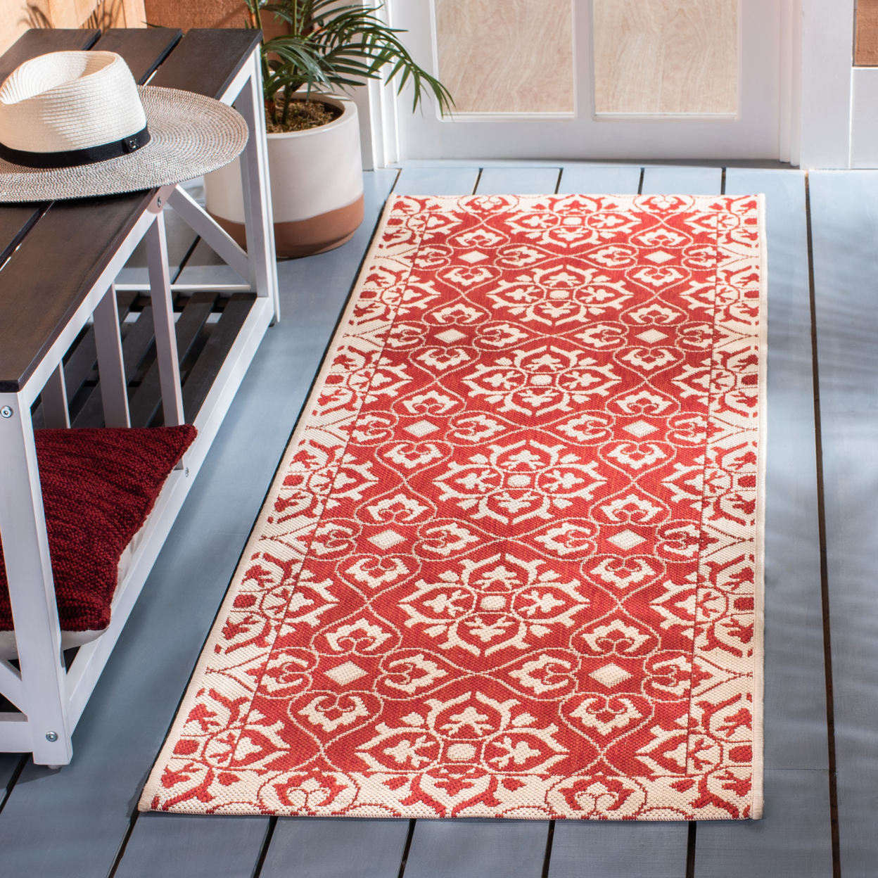 SAFAVIEH Outdoor CY6550-28 Courtyard Collection Red / Creme Rug - 7'-10 X 7'-10 Square