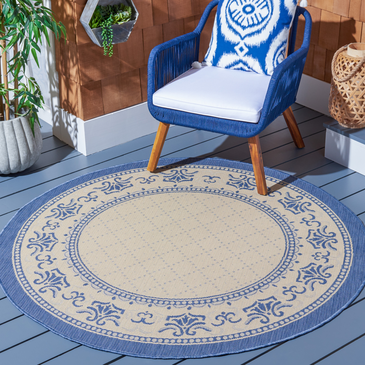 SAFAVIEH Outdoor CY0901-3101 Courtyard Natural / Blue Rug - 6' 7 Square