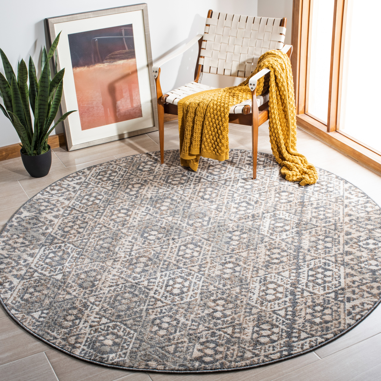 SAFAVIEH Pyramid Collection PYR260A Ivory / Charcoal Rug - 6-7 X 6-7 Round