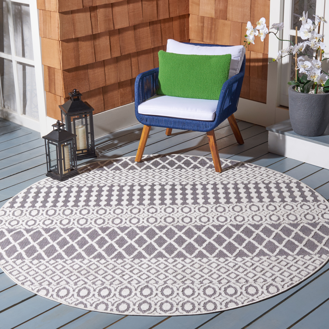 SAFAVIEH Outdoor CBN652A Cabana Collection Ivory / Grey Rug - 8' Round