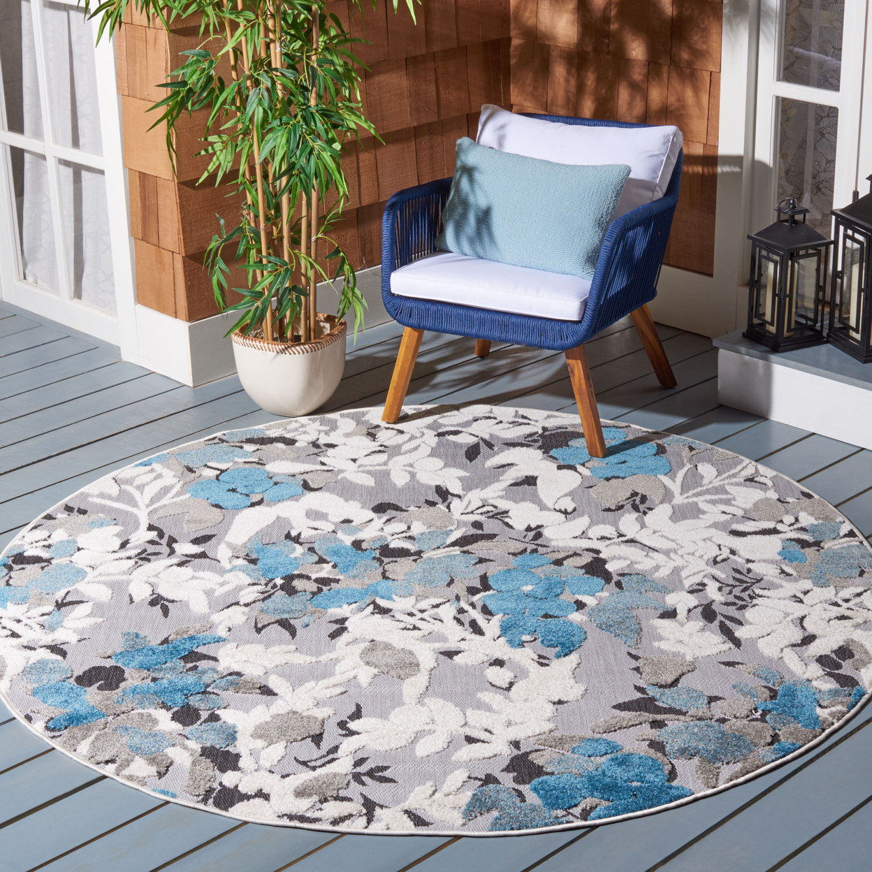 SAFAVIEH Outdoor CBN674B Cabana Collection Beige / Blue Rug - 6-7 X 6-7 Square