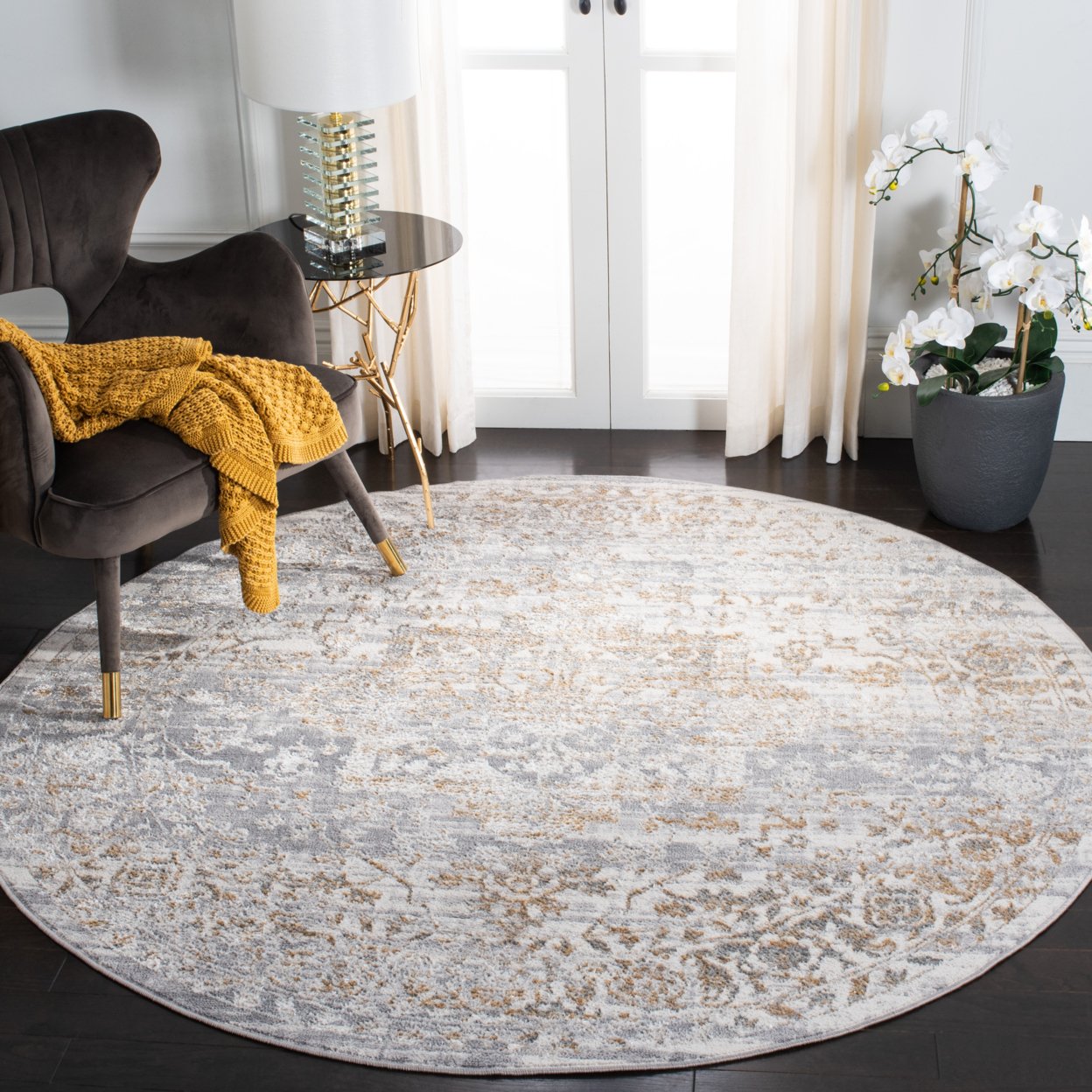 SAFAVIEH Orchard Collection ORC677F Grey / Gold Rug - 6-7 X 6-7 Round