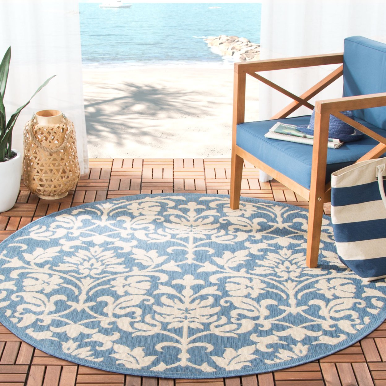 SAFAVIEH Outdoor CY3416-3103 Courtyard Blue / Natural Rug - 6' 7 Square