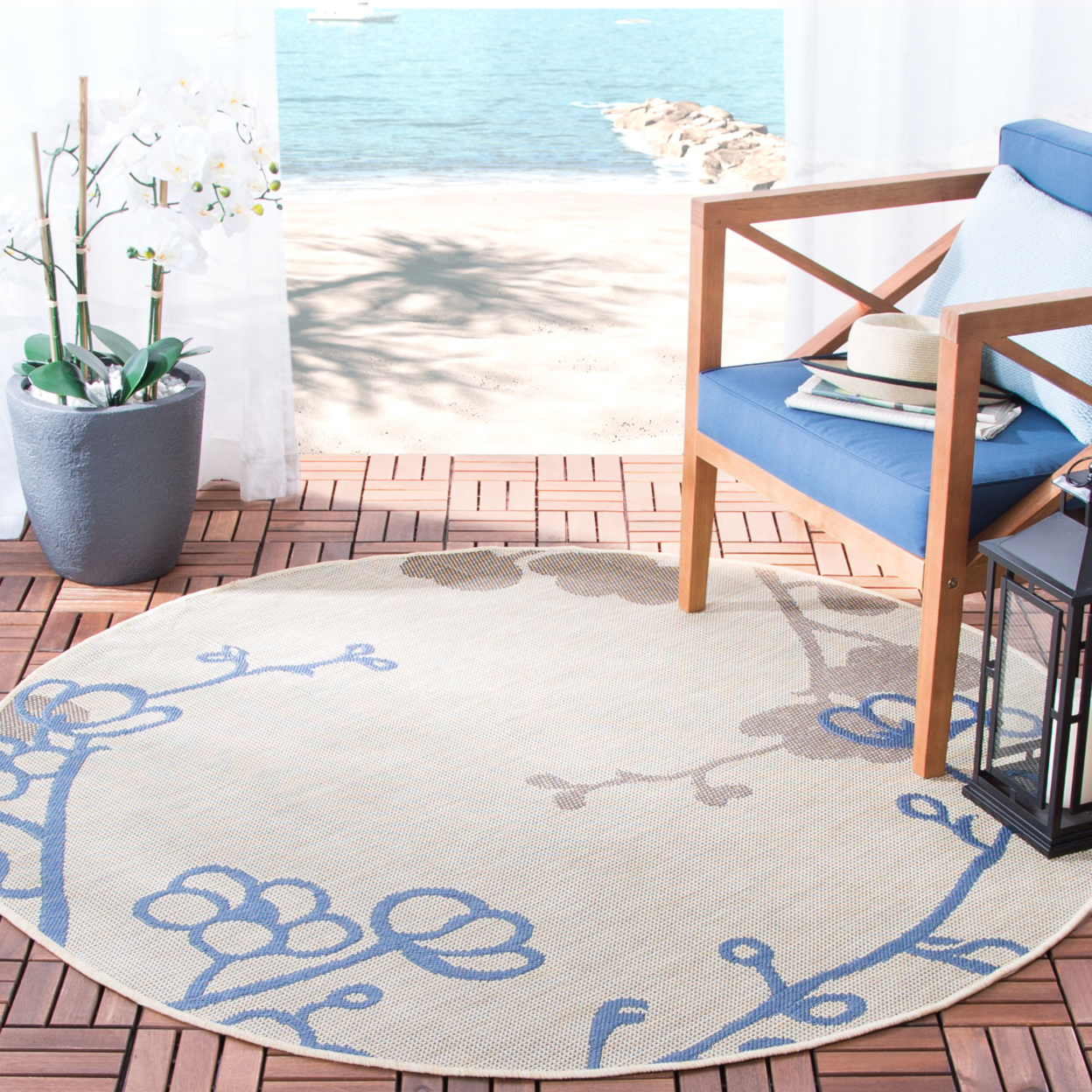 SAFAVIEH Outdoor CY4038B Courtyard Natural Brown / Blue Rug - 6' 7 Square