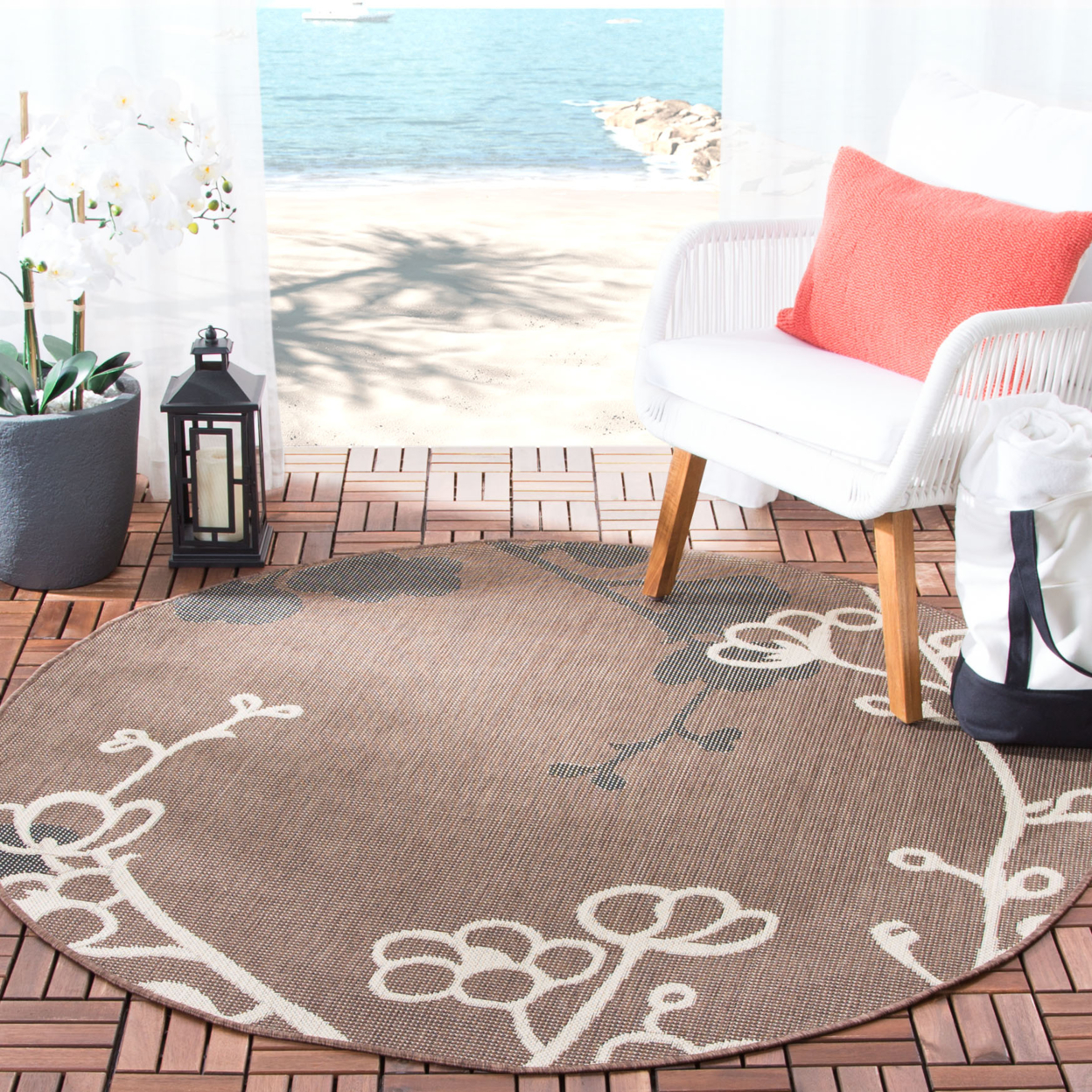 SAFAVIEH Outdoor CY4038D Courtyard Brown Natural / Black Rug - 6' 7 Square