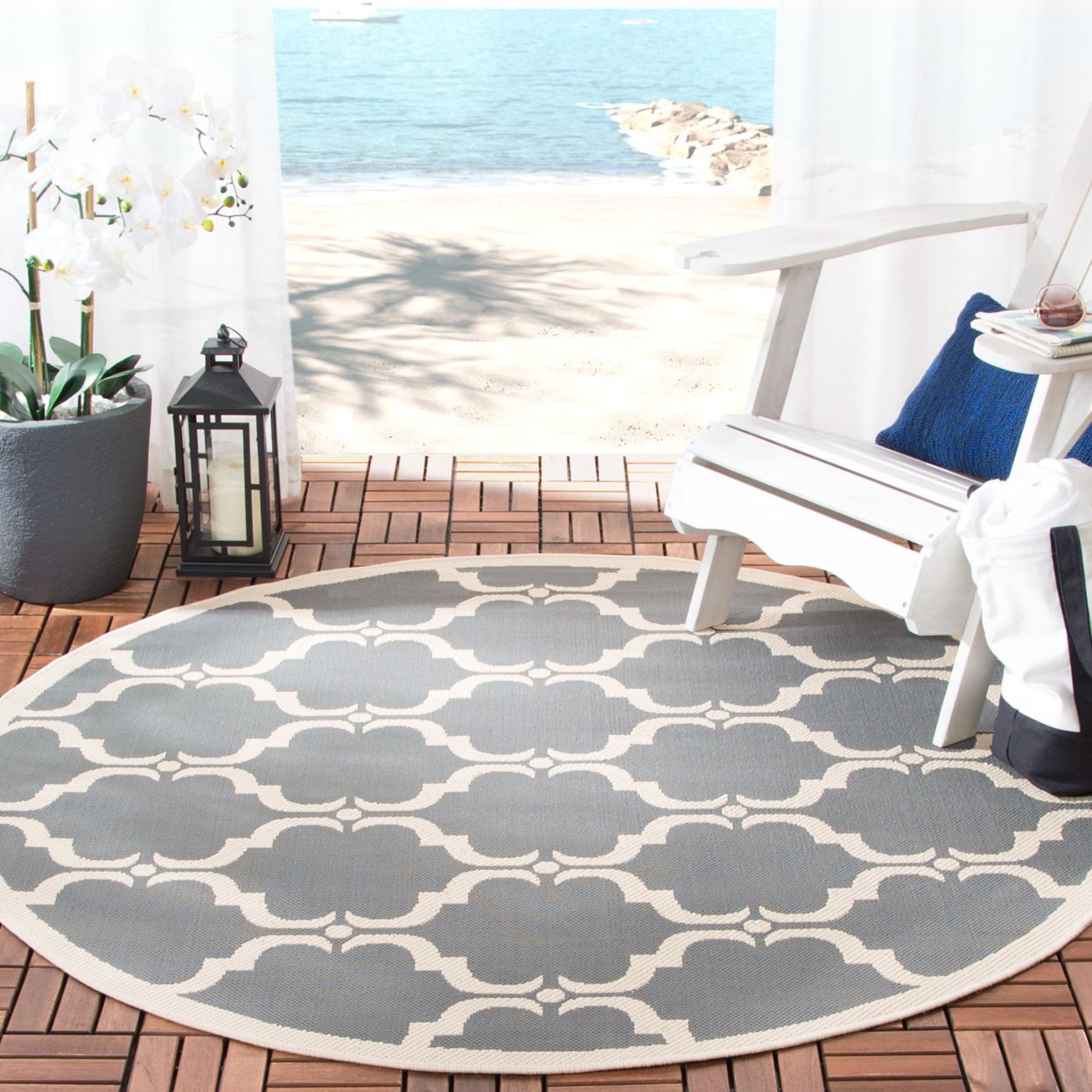 SAFAVIEH Outdoor CY6009-246 Courtyard Anthracite / Beige Rug - 6' 7 Square