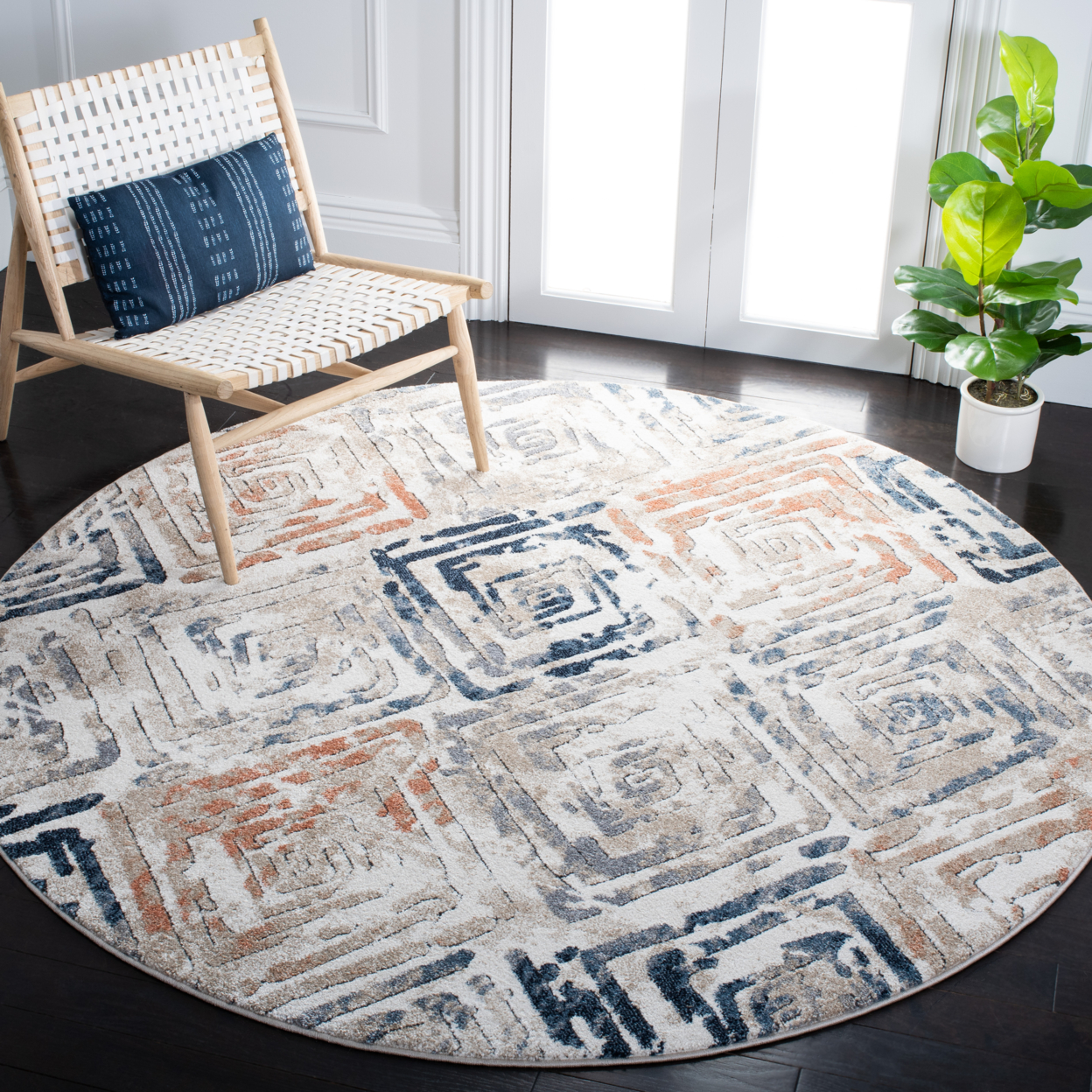 SAFAVIEH Coppertone Collection CPN324A Ivory / Navy Rug - 6' 7 Round