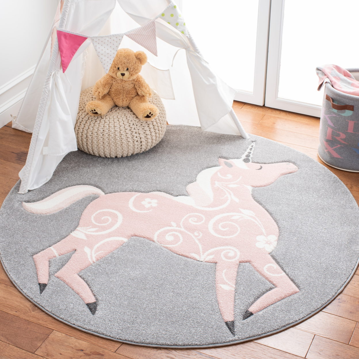 SAFAVIEH Carousel Kids Collection CRK163F Grey / Pink Rug - 3' Square