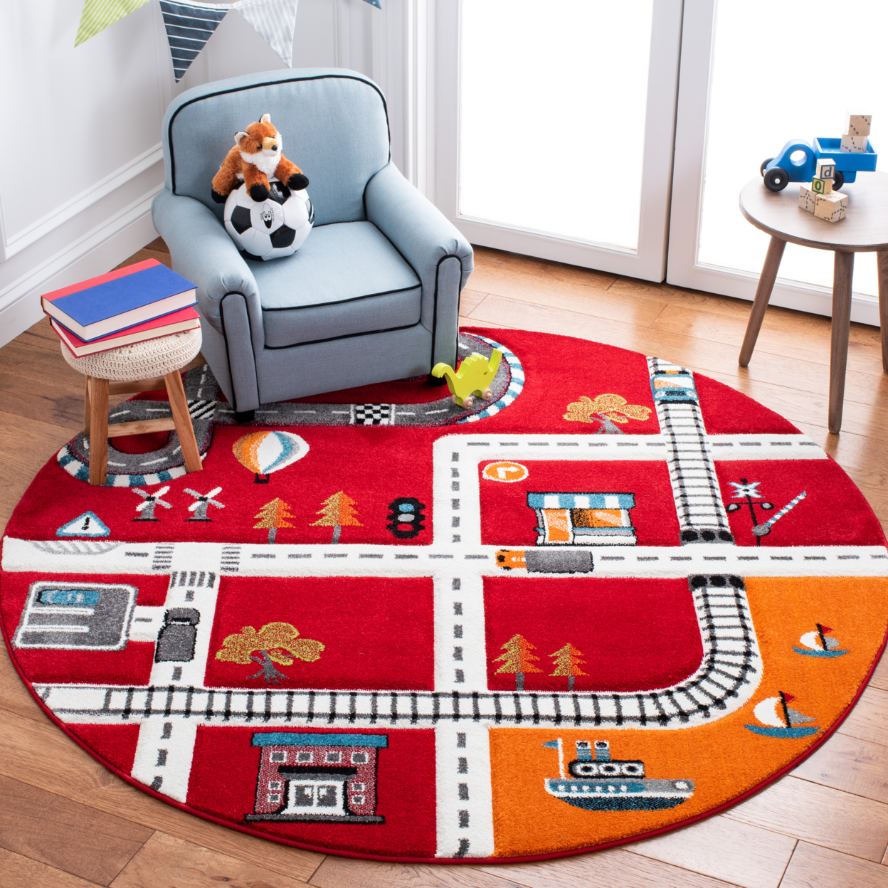 SAFAVIEH Carousel Kids Collection CRK192Q Red / Ivory Rug - 5' 3 Square