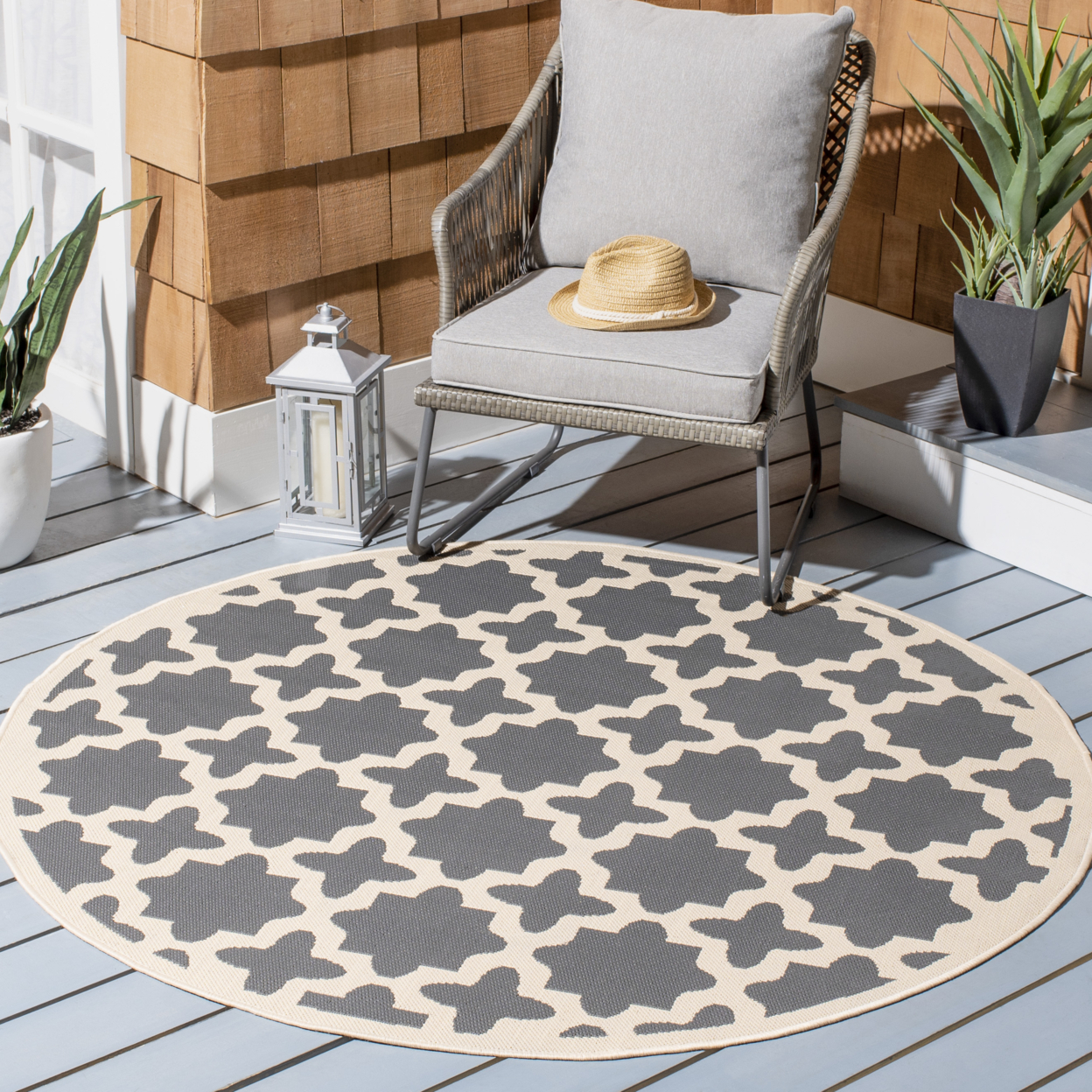 SAFAVIEH Outdoor CY6913-246 Courtyard Anthracite / Beige Rug - 5' 3 Square