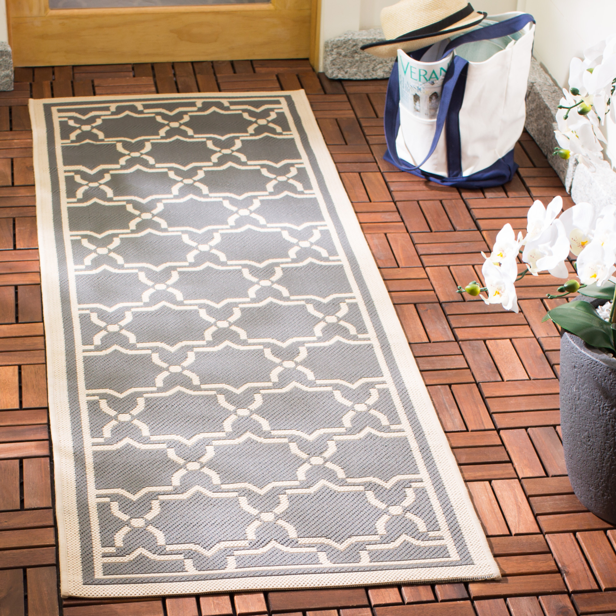 SAFAVIEH Outdoor CY6916-246 Courtyard Anthracite / Beige Rug - 6' 7 Square