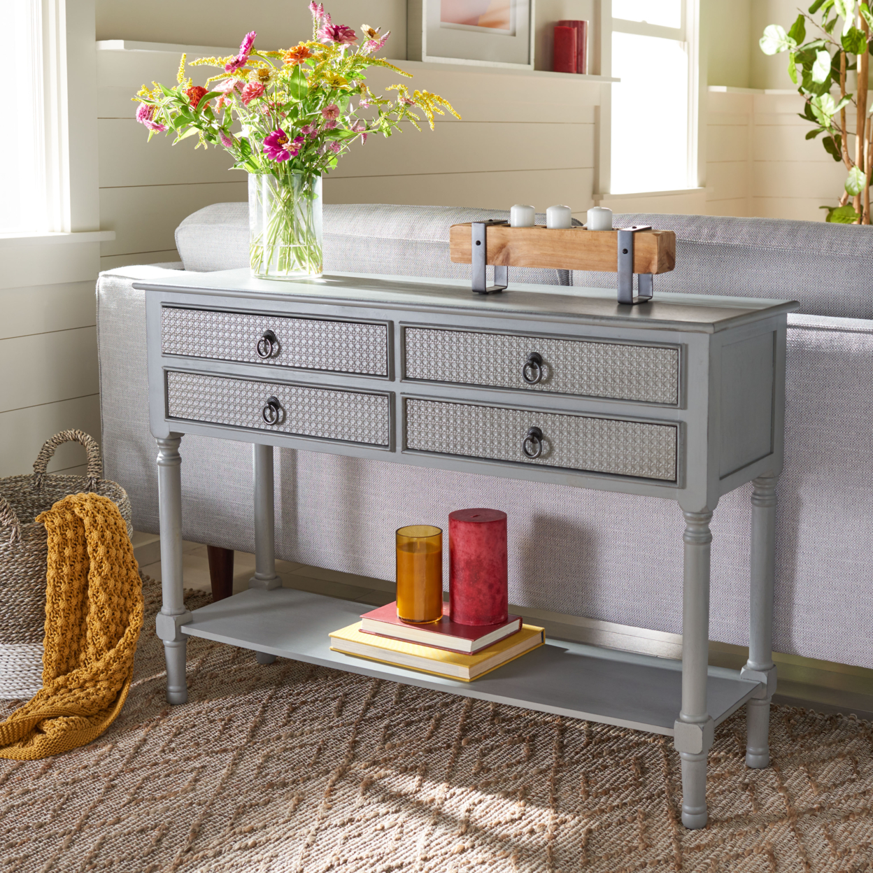 SAFAVIEH Haines 4-Drawer Console Table Distressed / Grey