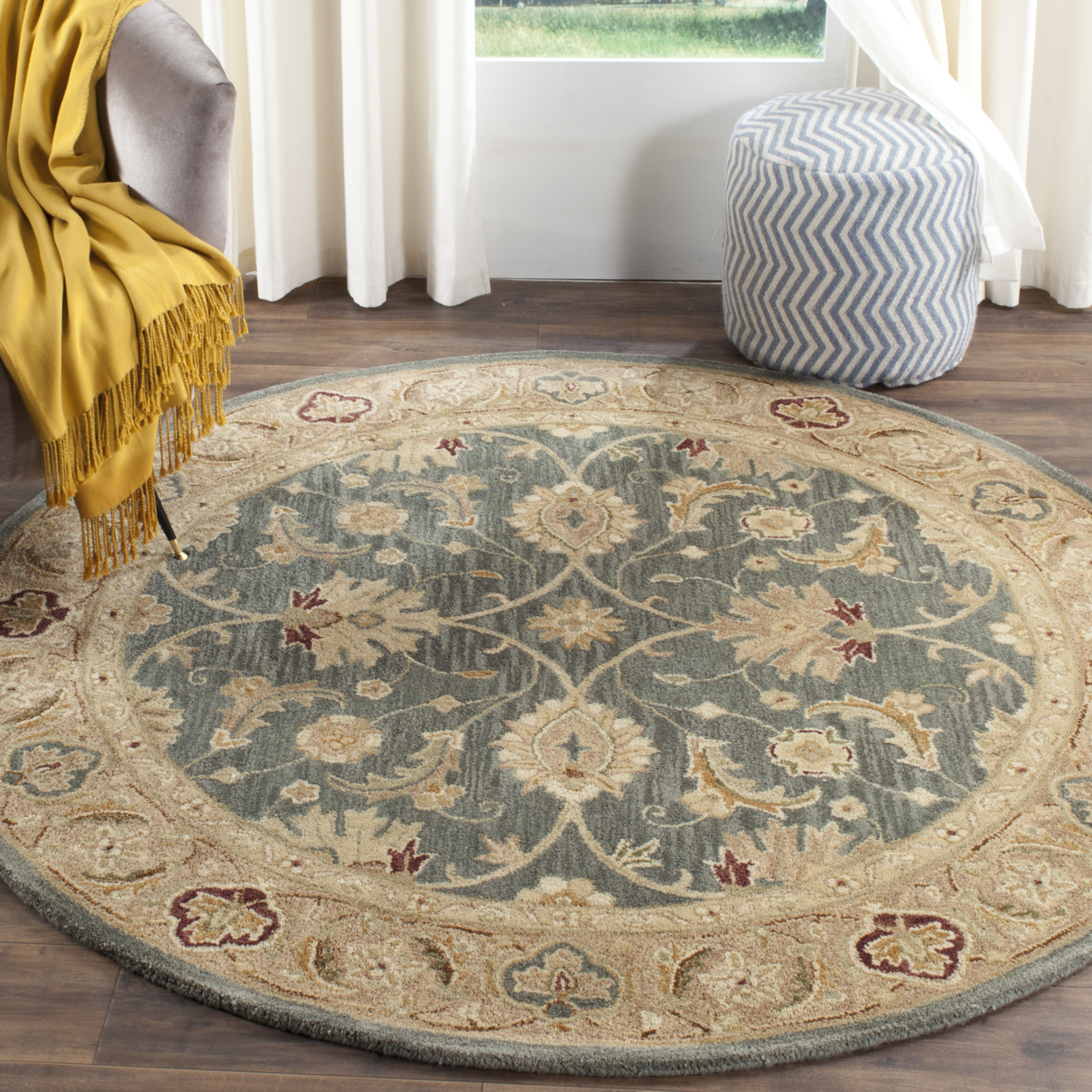 SAFAVIEH Antiquity AT849B Handmade Teal Blue / Taupe Rug - 6' Square
