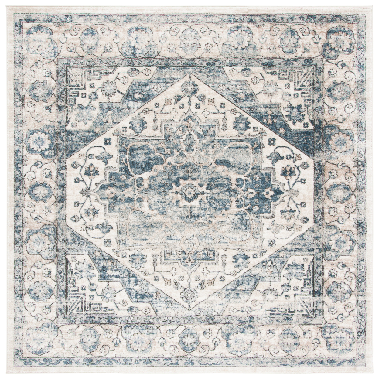 SAFAVIEH Oregon Collection ORE868A Ivory / Blue Rug - 6-7 X 6-7 Square