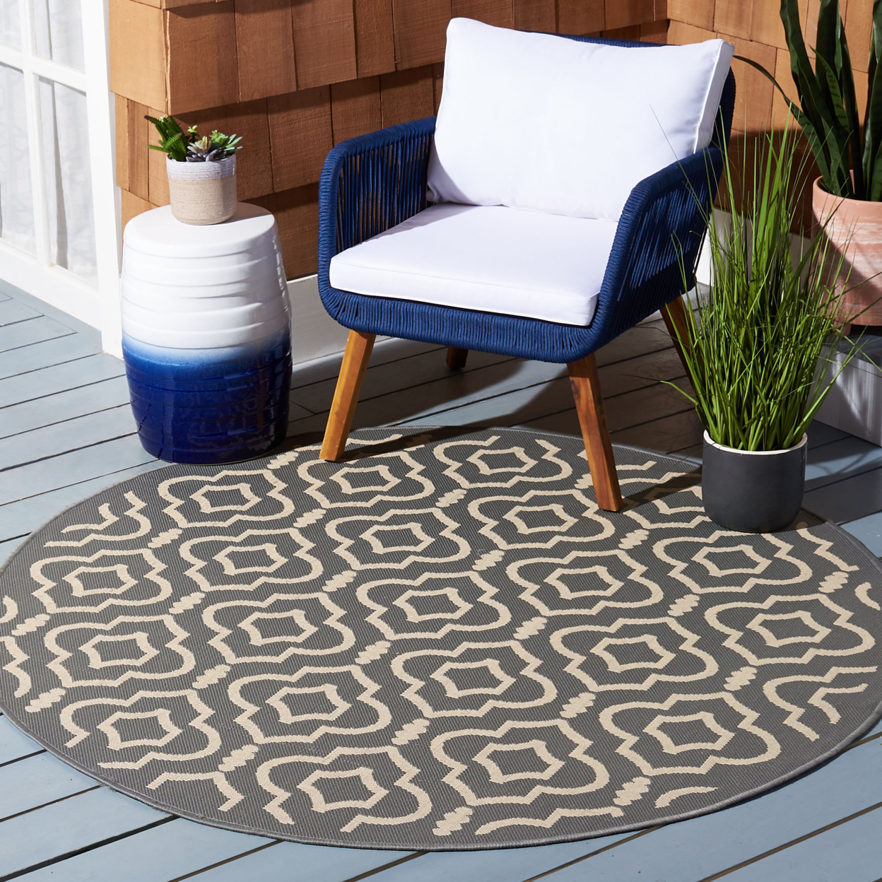 SAFAVIEH Outdoor CY6926-246 Courtyard Anthracite / Beige Rug - 5' 3 Square