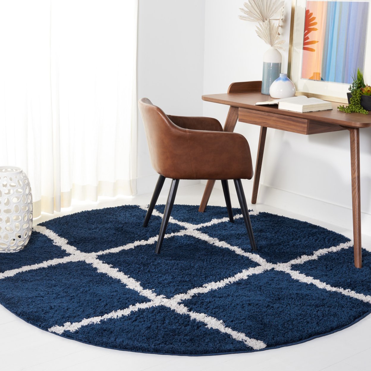 SAFAVIEH August Shag Collection AUG501B Navy / Ivory Rug - 6' 7 Square