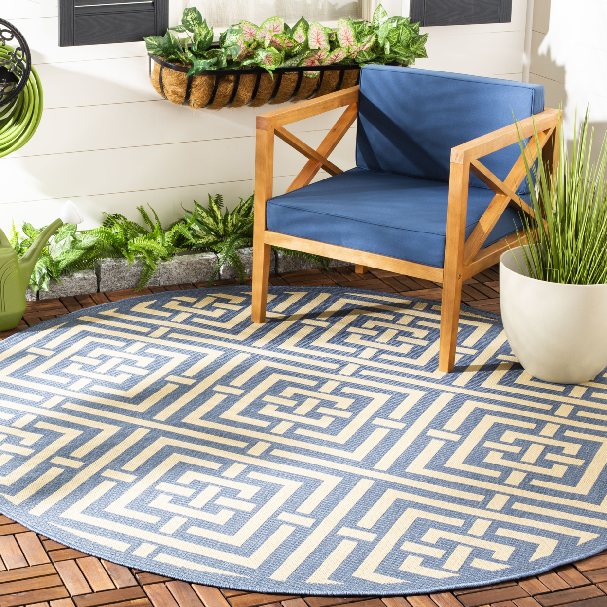 SAFAVIEH Outdoor CY6937-23 Courtyard Collection Blue / Bone Rug - 6' 7 Square