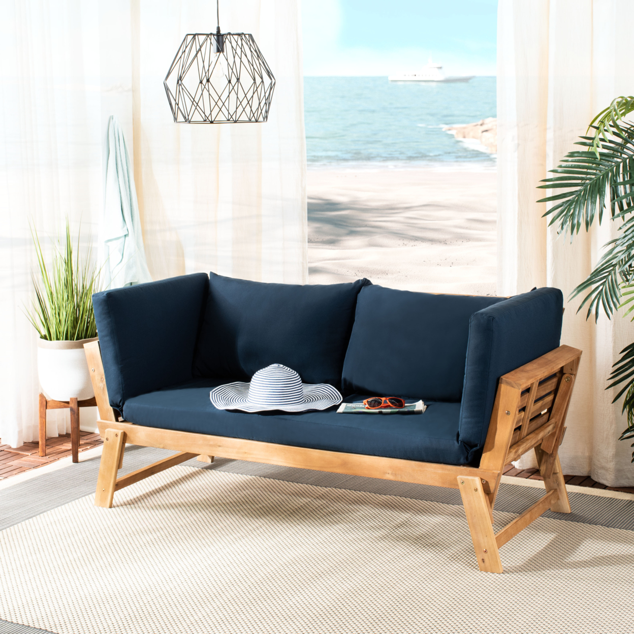 SAFAVIEH Outdoor Collection Tandra Modern Contemporary Daybed Natural/Navy