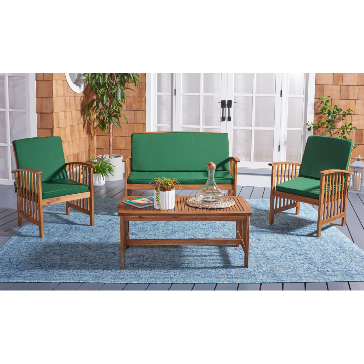 SAFAVIEH Outdoor Collection Rocklin 4-Piece Patio Set Natural/Green Cushion