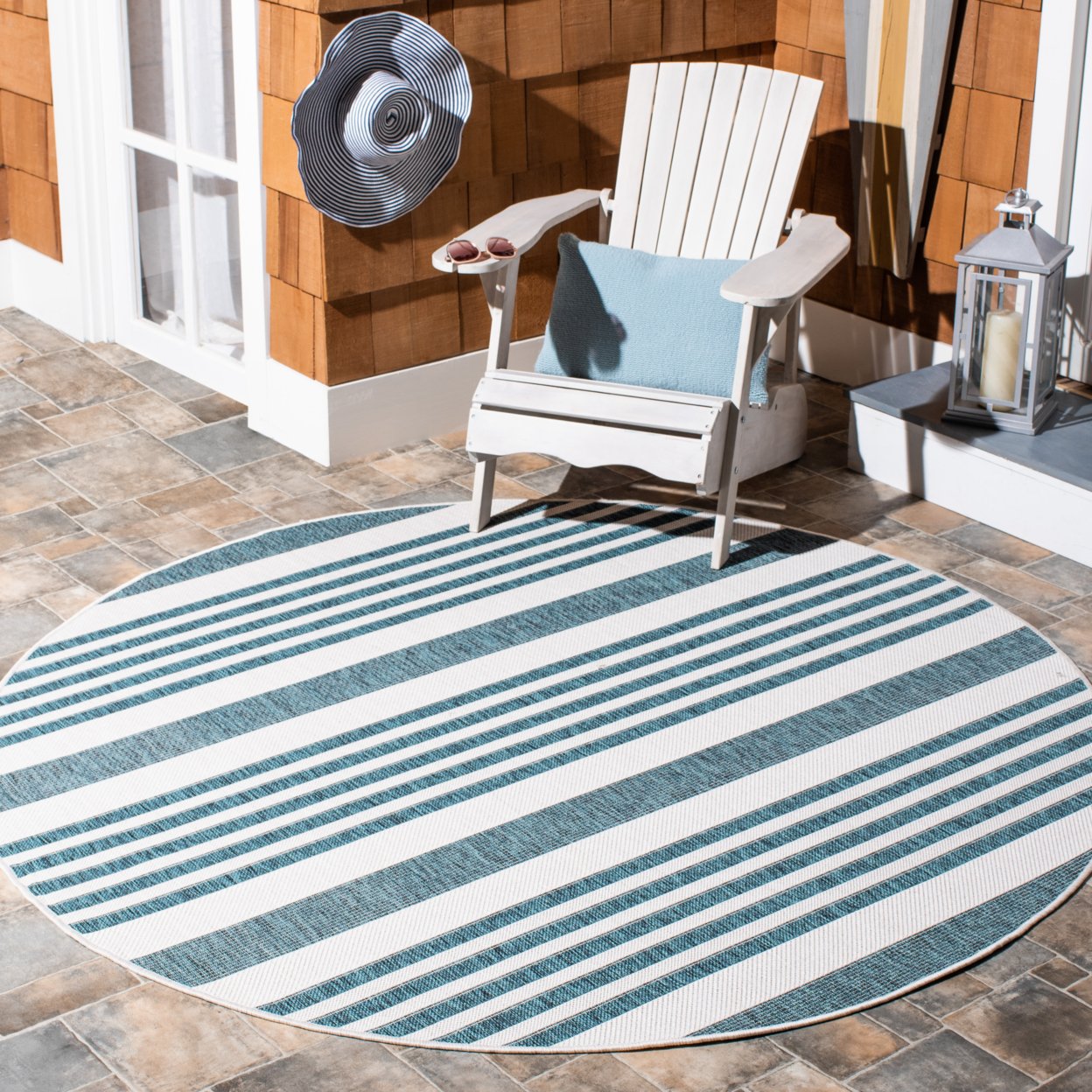 SAFAVIEH Outdoor CY8062-53512 Courtyard Ivory / Teal Rug - 6' 7 Square