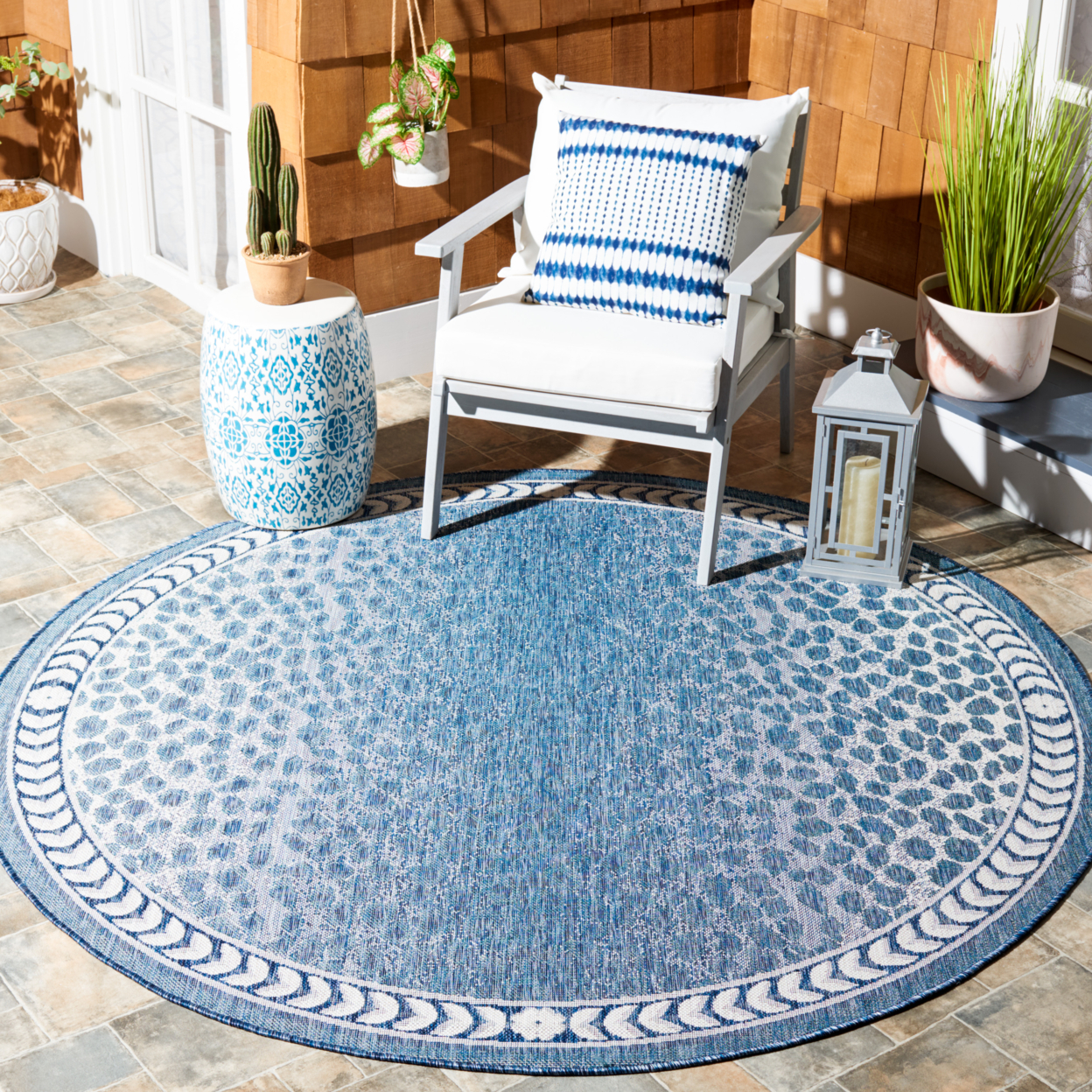 SAFAVIEH Outdoor CY8100-53412 Courtyard Blue / Ivory Rug - 6' 7 Square