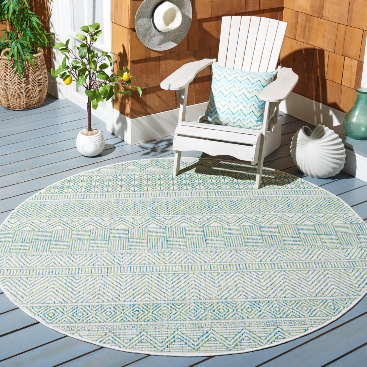 SAFAVIEH Outdoor CY8196-53512 Courtyard Ivory / Turquoise Rug - 2' 3 X 8'