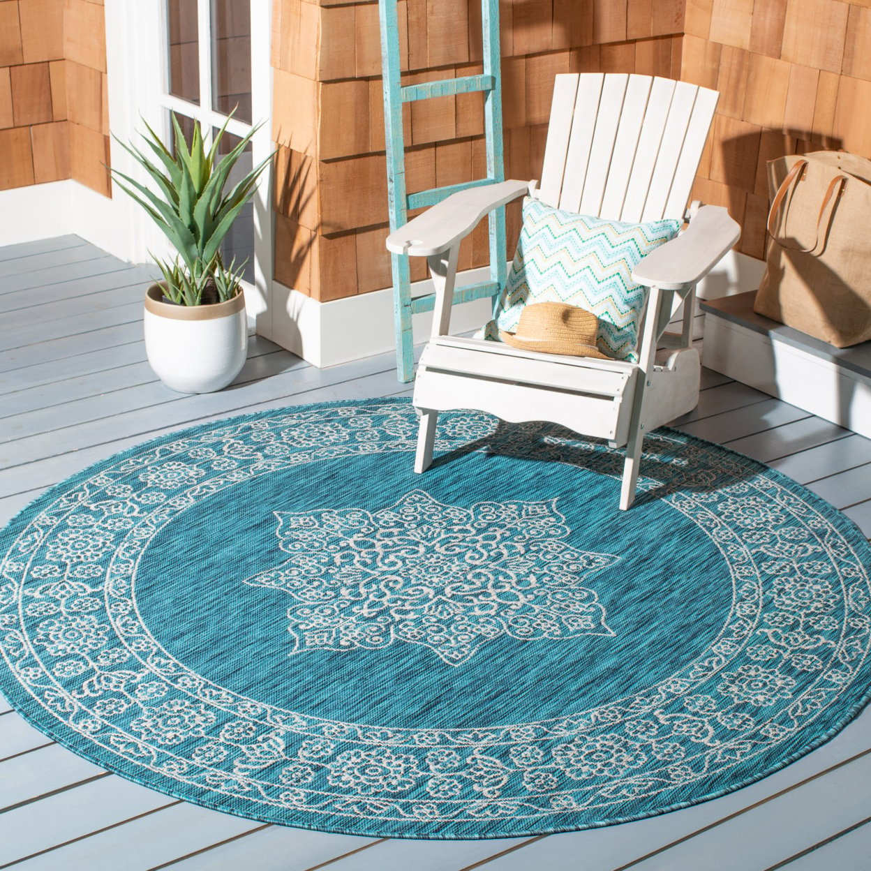 SAFAVIEH Outdoor CY8232-37221 Courtyard Teal / Ivory Rug - 6' 7 Square