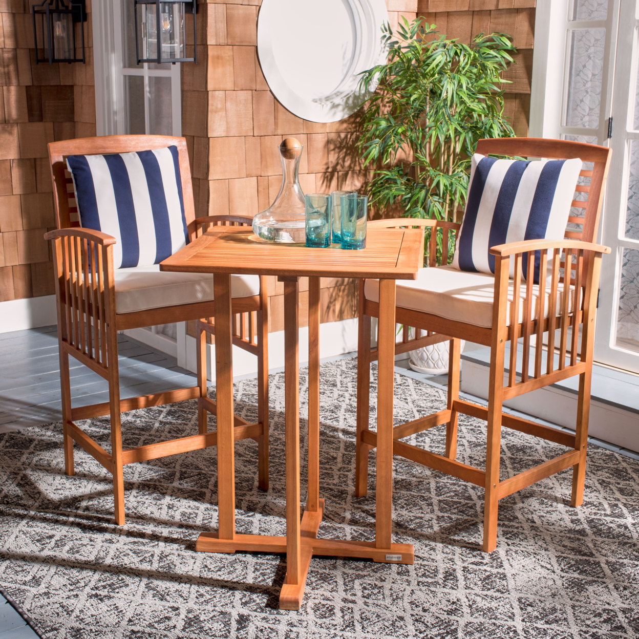 SAFAVIEH Outdoor Collection Pate 3-Piece Bar Table Bistro Set Natural/Beige/Navy/White