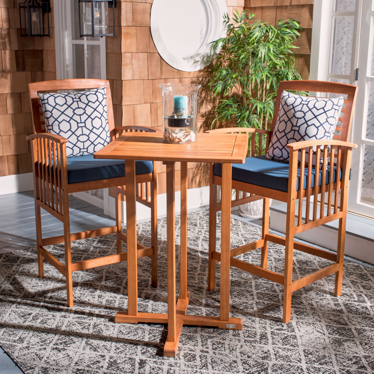 SAFAVIEH Outdoor Collection Pate 3-Piece Bar Table Bistro Set Natural/Navy/Navy