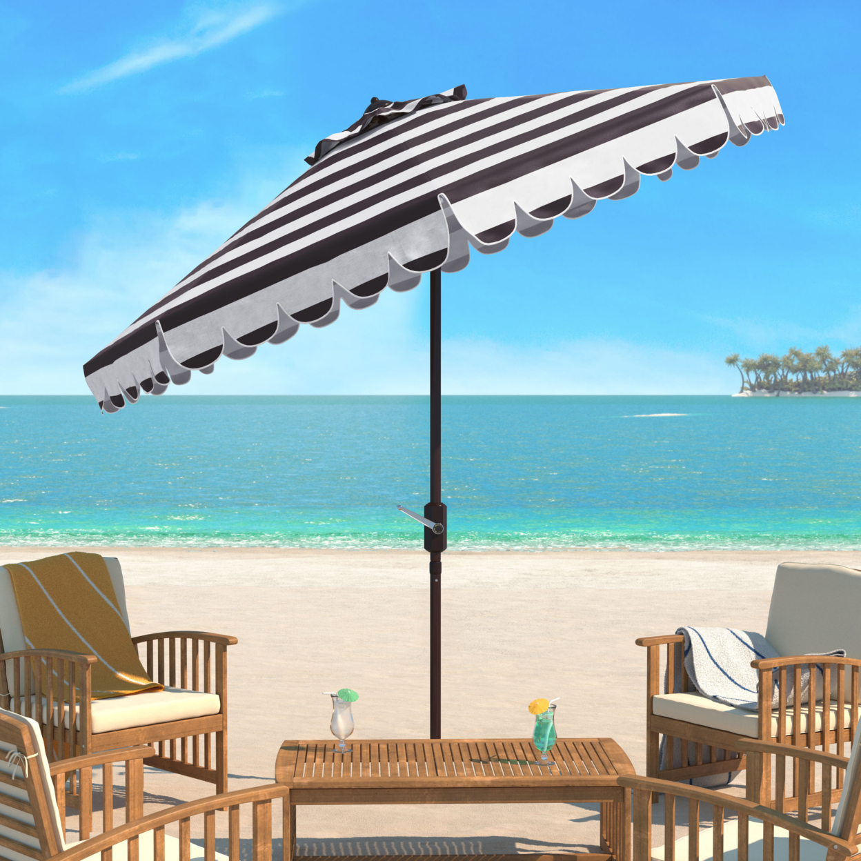 SAFAVIEH Outdoor Collection Maui Single Scallop 9-Foot Umbrella Black/White