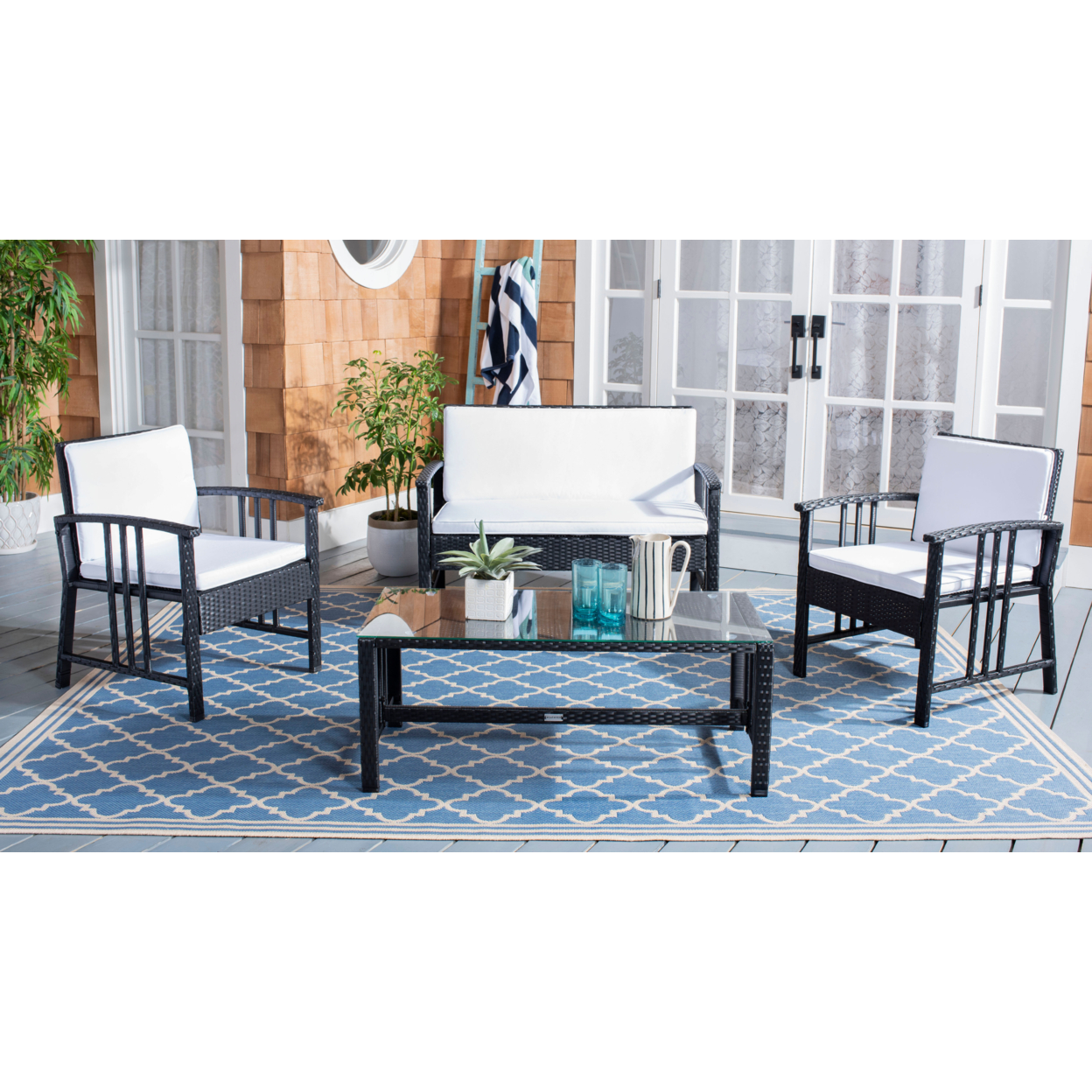 SAFAVIEH Outdoor Collection Reslor 4-Piece Patio Set Black/White Cushion
