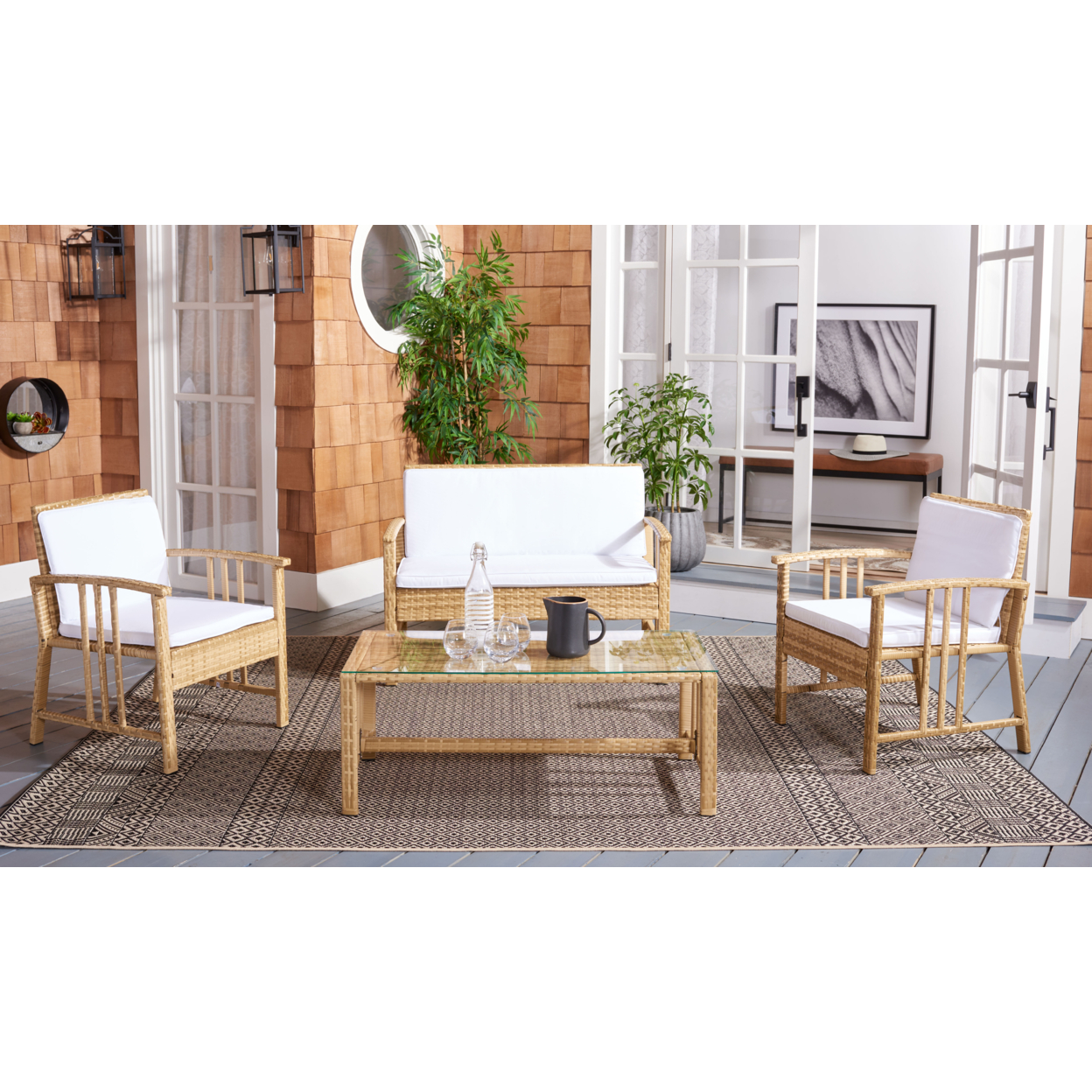 SAFAVIEH Outdoor Collection Reslor 4-Piece Patio Set Natural/White Cushion
