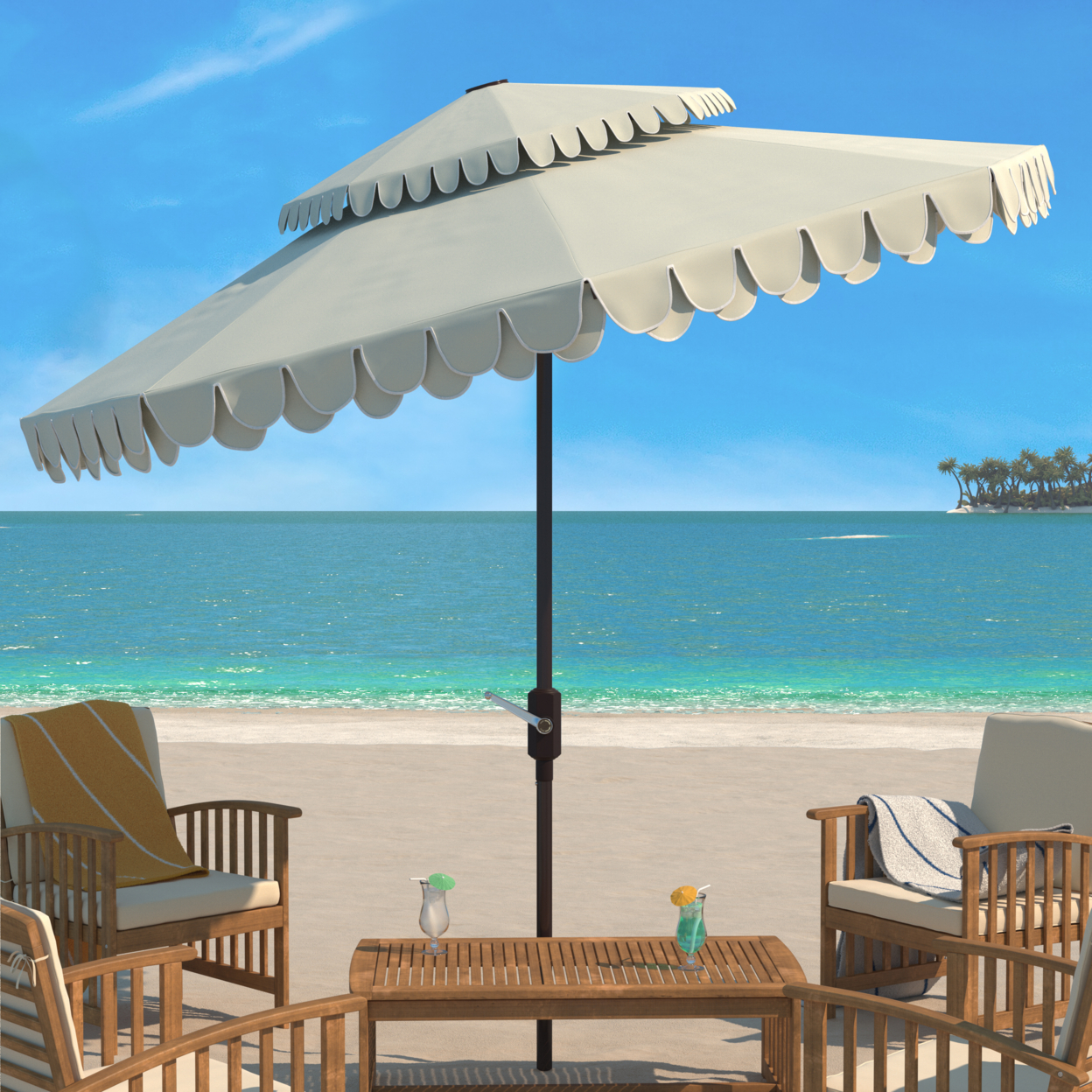 SAFAVIEH Outdoor Collection Elegant Valance 9-Foot Umbrella Beige/White