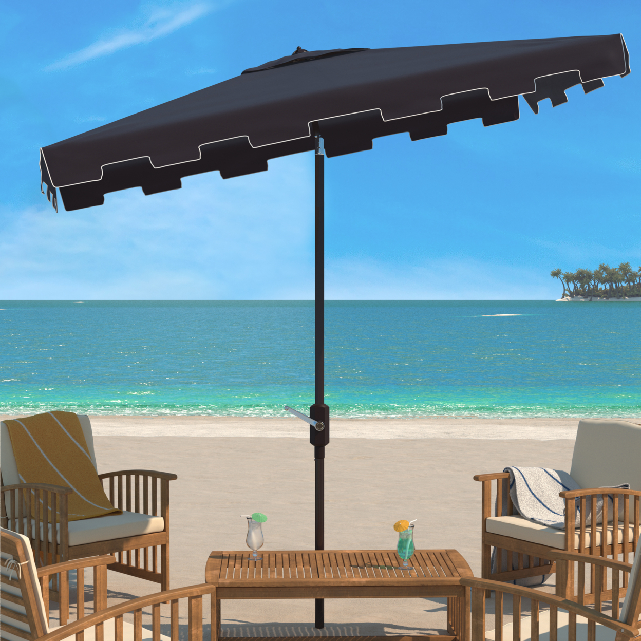 SAFAVIEH Outdoor Collection Zimmerman 6.5 X 10-Foot Rectangle Umbrella Navy/White