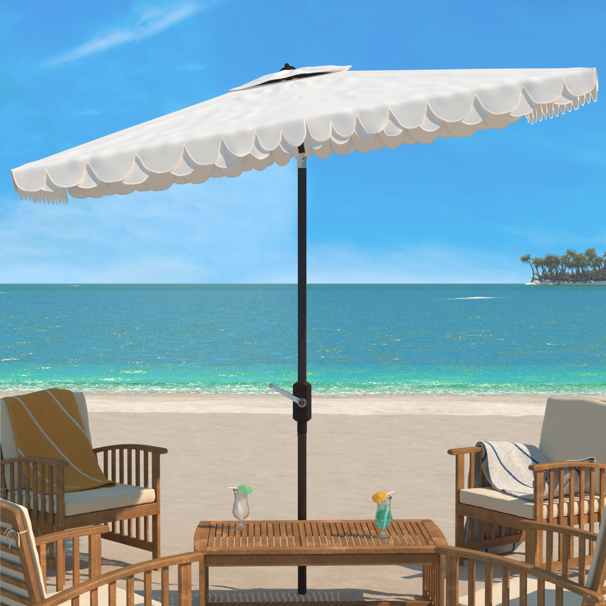 SAFAVIEH Outdoor Collection Valance 6.5 X 10-Foot Rectangle Umbrella Beige/White