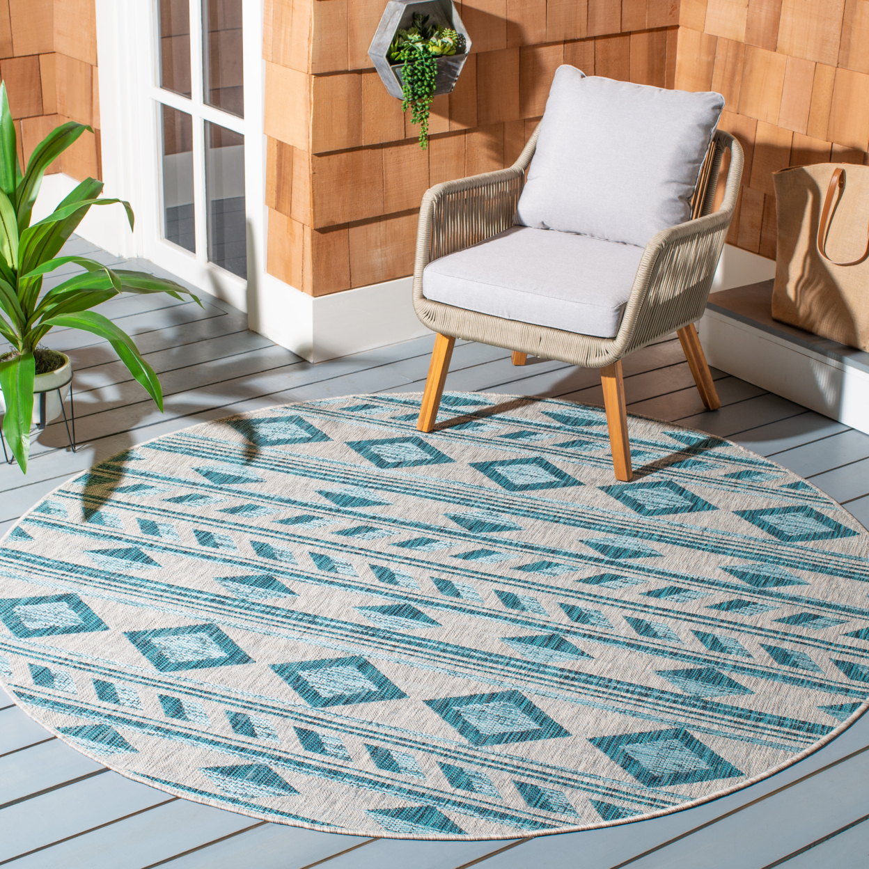 SAFAVIEH Outdoor CY8529-37212 Courtyard Grey / Teal Rug - 6' 7 Square